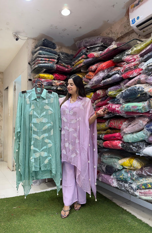 Pure Viscoce Organza Pearl Handwork Party Wear Kaftan 2pc Set Green Color