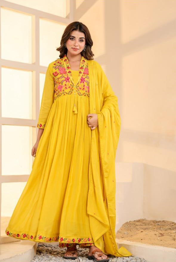 Mull Cotton Anarkali Yellow 3pc Set