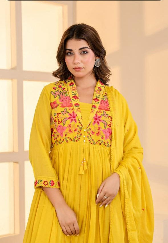 Mull Cotton Anarkali Yellow 3pc Set