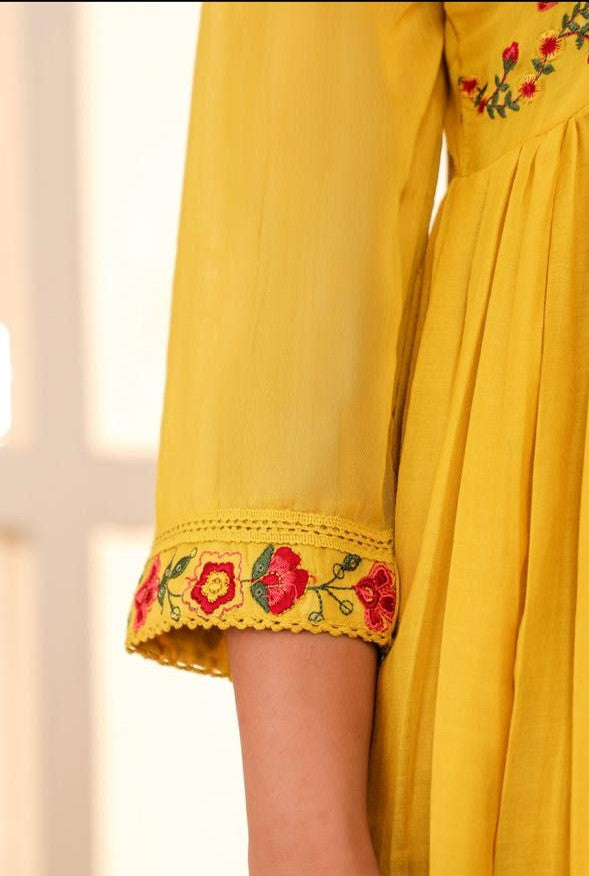 Mull Cotton Anarkali Yellow 3pc Set
