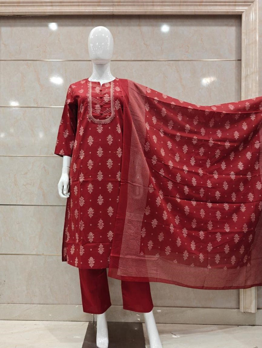 Cotton Maroon 3pc Set