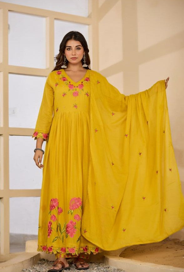 Mull Cotton Anarkali Yellow 3pc Set
