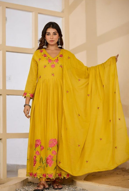 Mull Cotton Anarkali Yellow 3pc Set