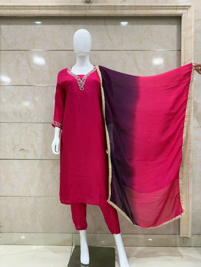 Pure Dola Silk 3pc Set With Viscoce Organza Duppta Rani Pink Color