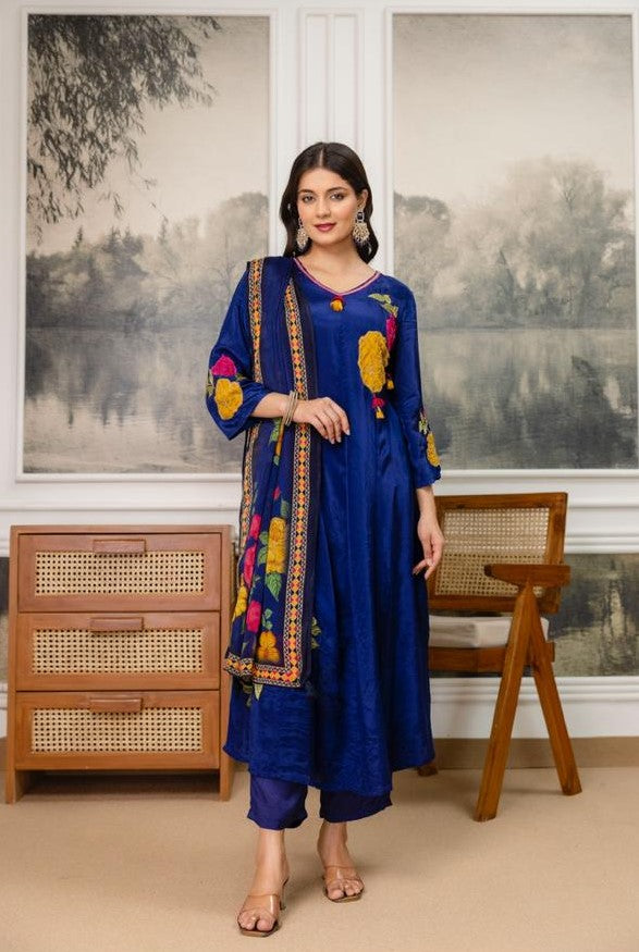 Crep Blue Shoulder Anarkali 3pc Set