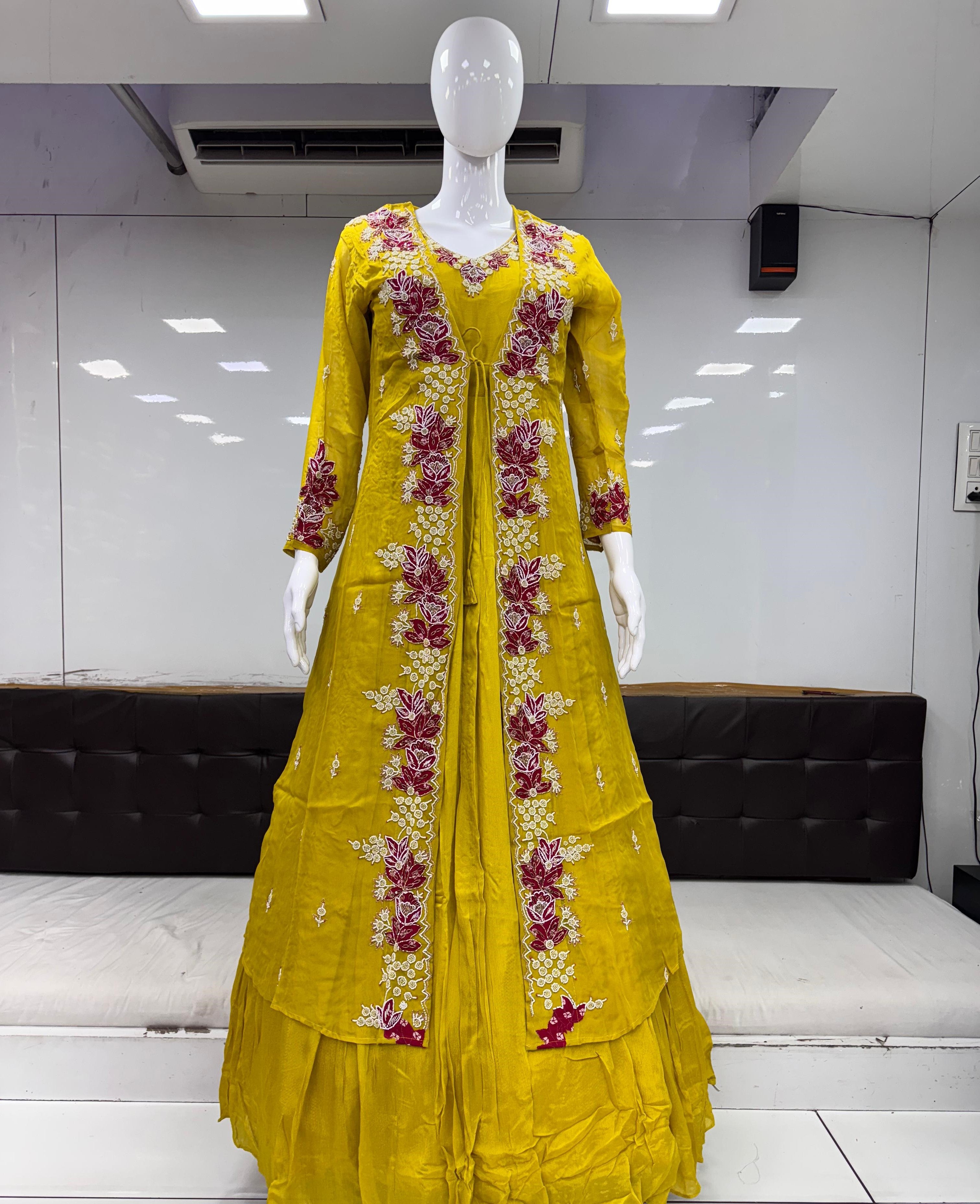 Pure Chinon Handwork Gown Yellow Color