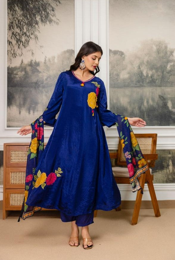 Crep Blue Shoulder Anarkali 3pc Set