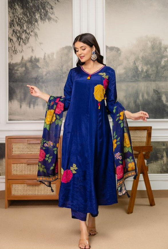 Crep Blue Shoulder Anarkali 3pc Set