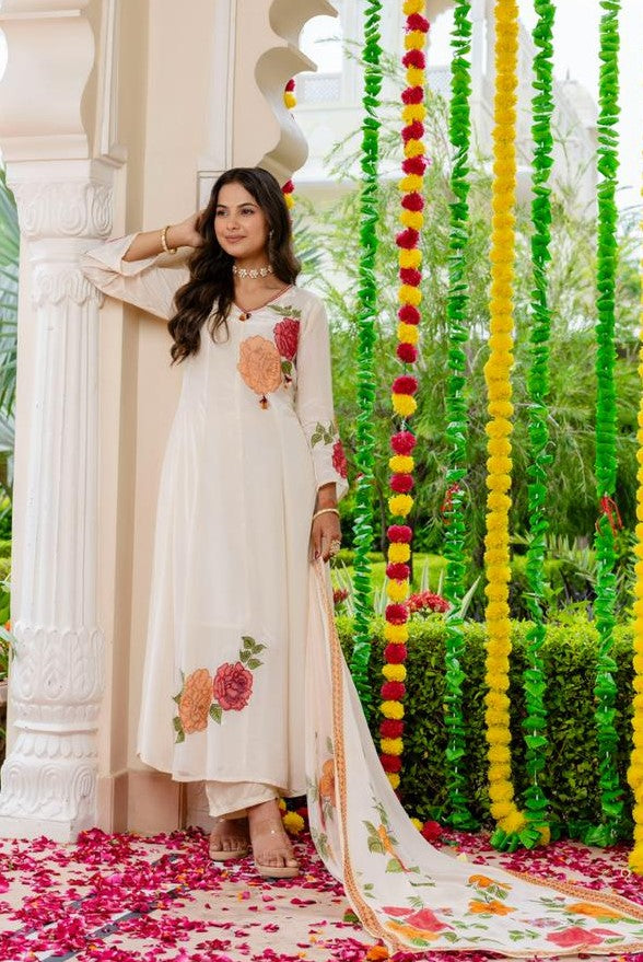 Crep Cream Shoulder Anarkali 3pc Set