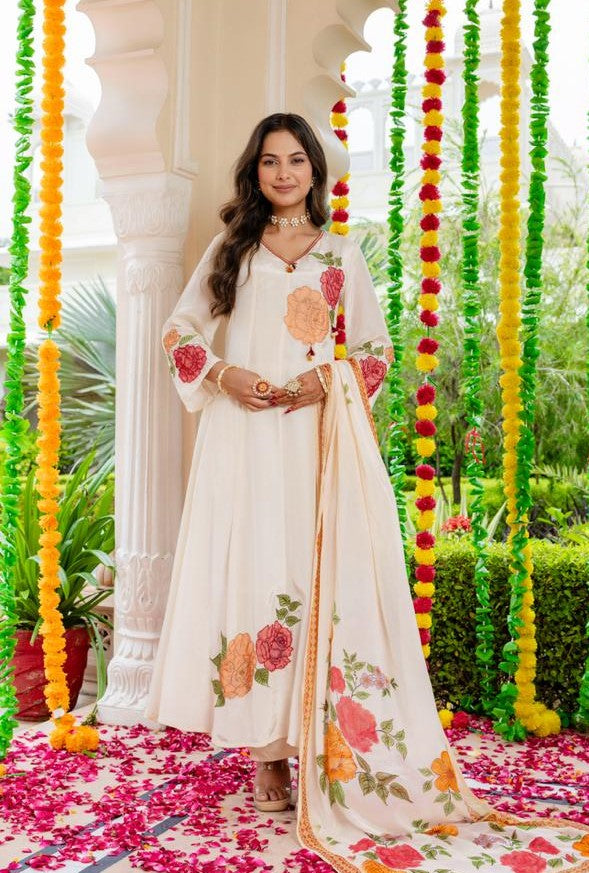 Crep Cream Shoulder Anarkali 3pc Set