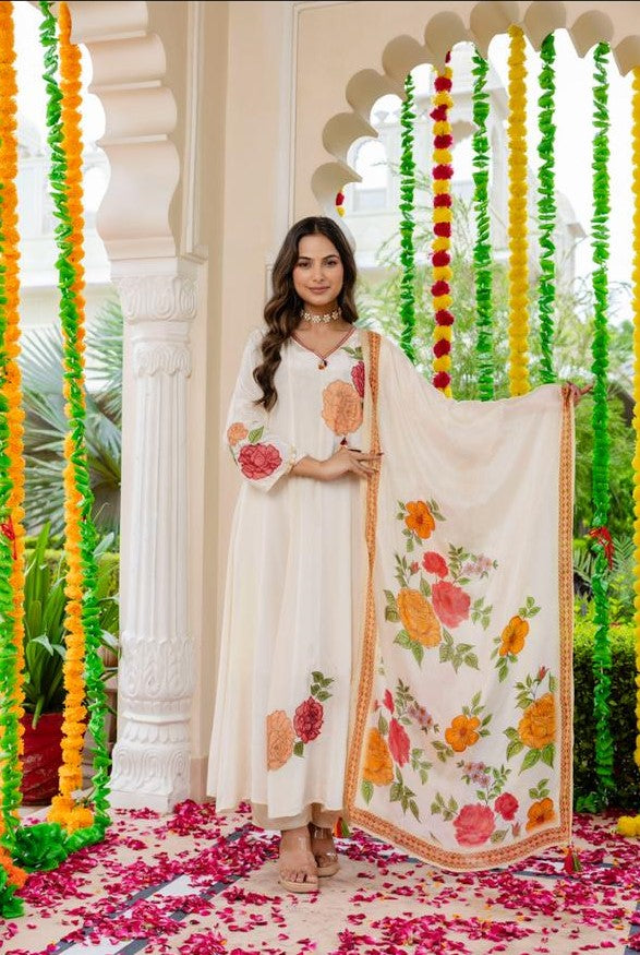 Crep Cream Shoulder Anarkali 3pc Set