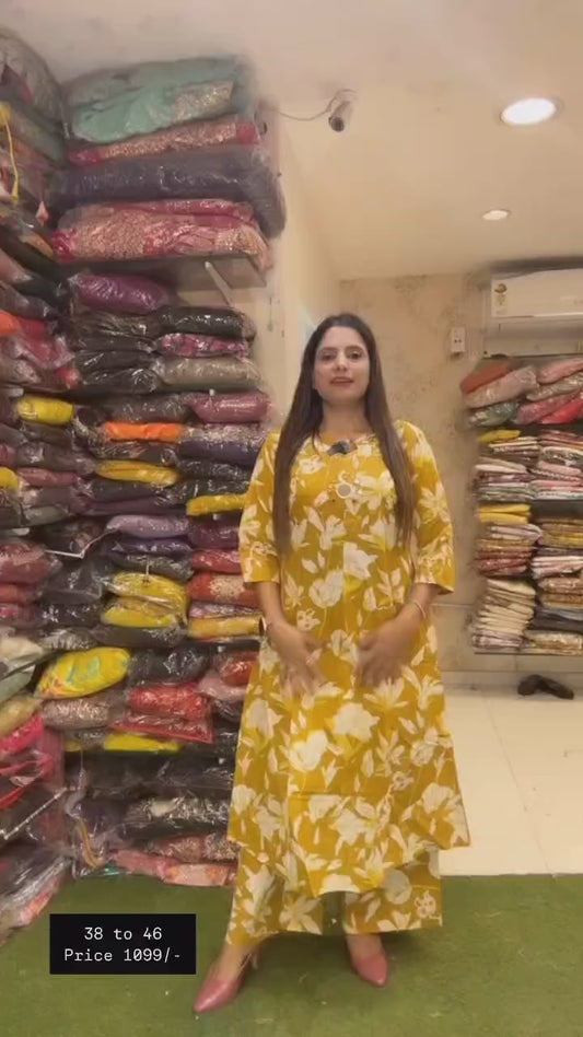 Floral Print Flex Cotton 2-Piece Suit yellow