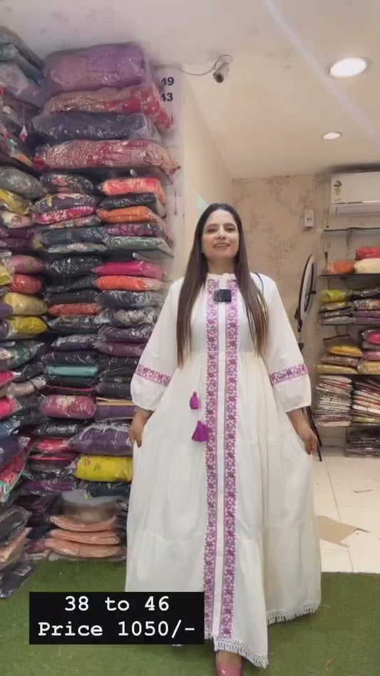 Pure Cotton Long Gown with Balloon Sleeves – Summer Collection