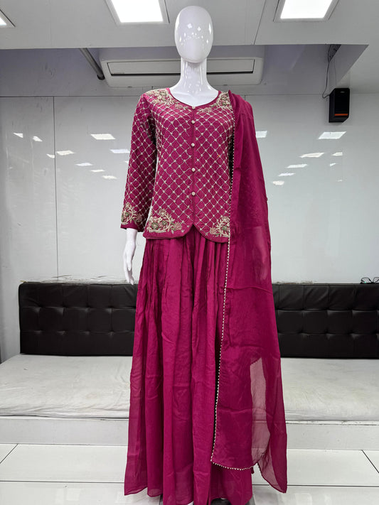 Pure Silk Blouse and Chinon Plazzo Pink Color