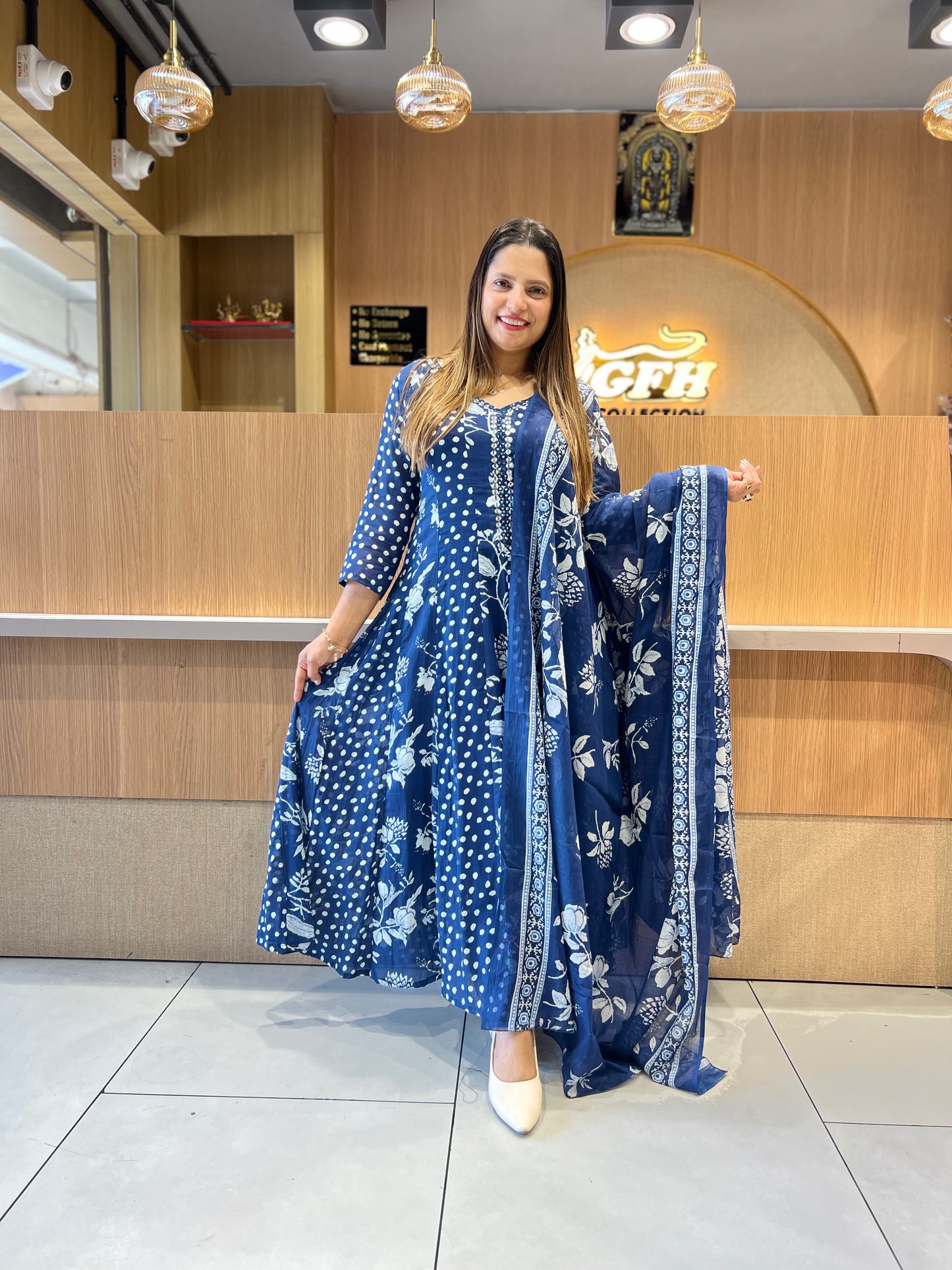 Pure Mull Cotton Blue Shoulder Anarkali 3pc Set