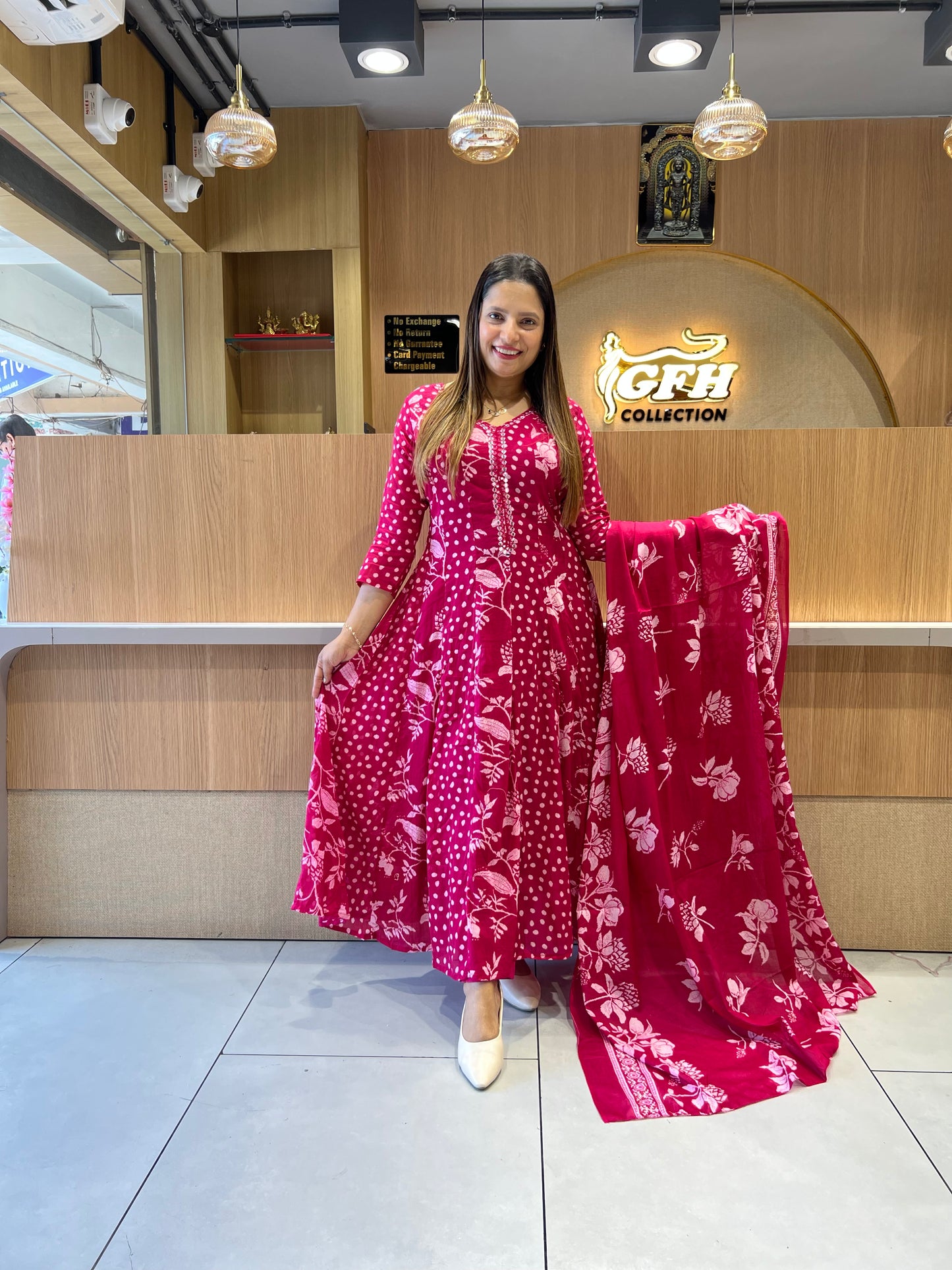 Pure Mull Cotton Rani Pink Shoulder Anarkali 3pc Set