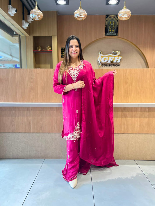 Rakhi Special Pure Ho Silk Partywear Plazo 3 pc set Burgundy Color