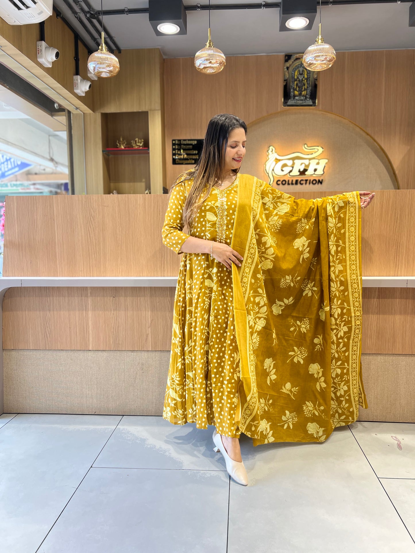 Pure Mull Cotton Yellow Shoulder Anarkali 3pc Set