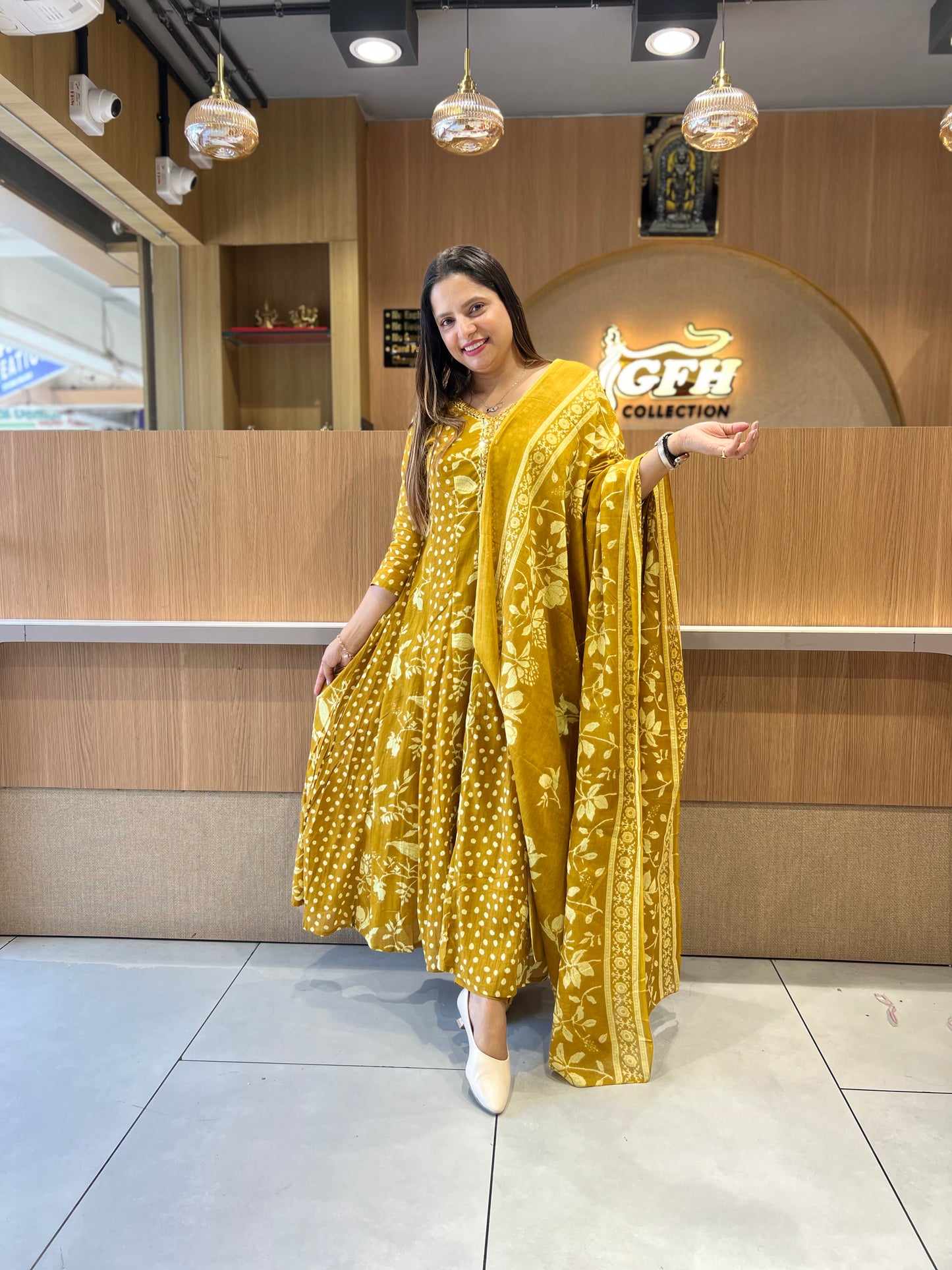 Pure Mull Cotton Yellow Shoulder Anarkali 3pc Set