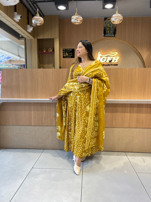 Pure Mull Cotton Yellow Shoulder Anarkali 3pc Set