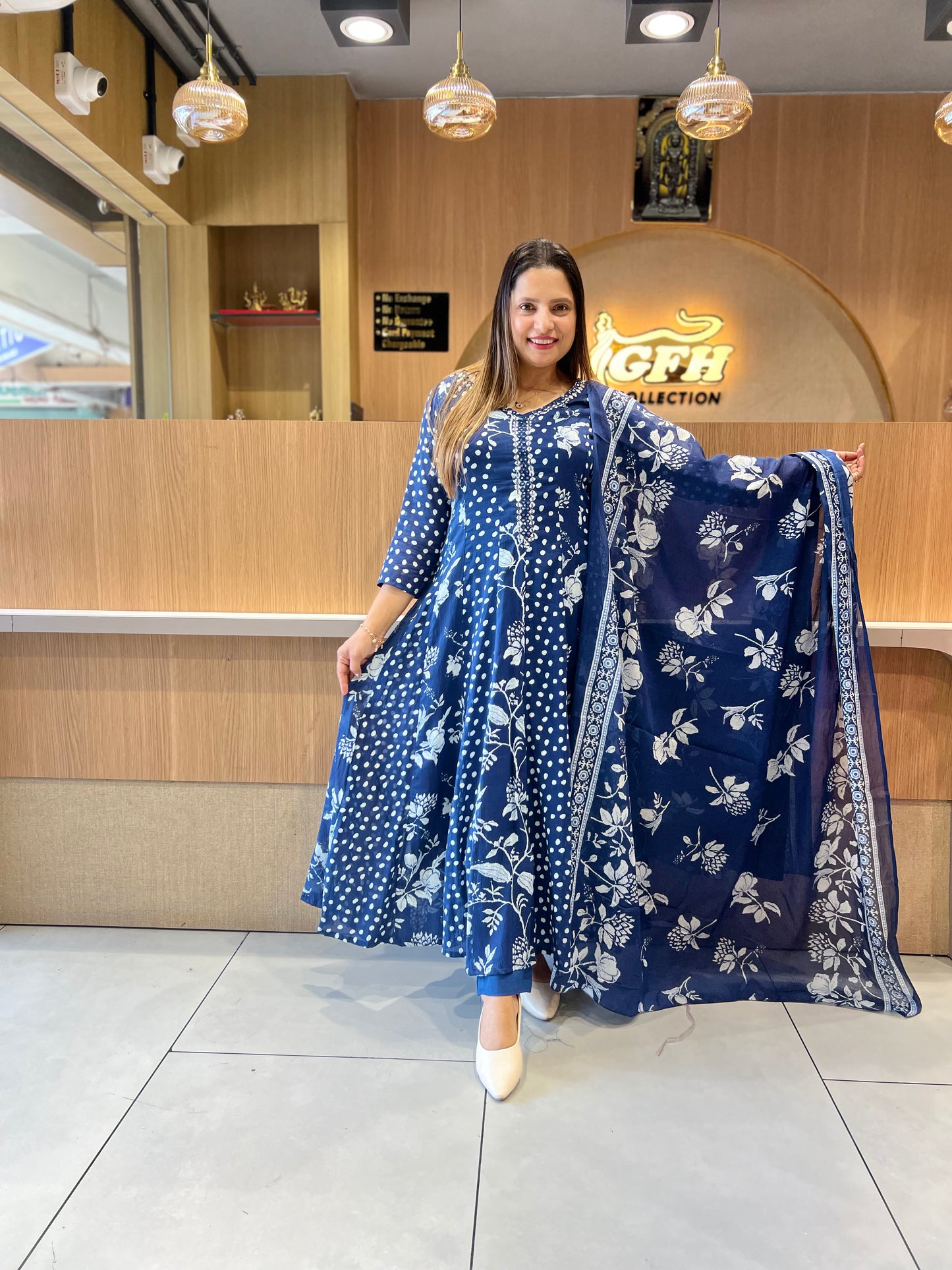 Pure Mull Cotton Blue Shoulder Anarkali 3pc Set