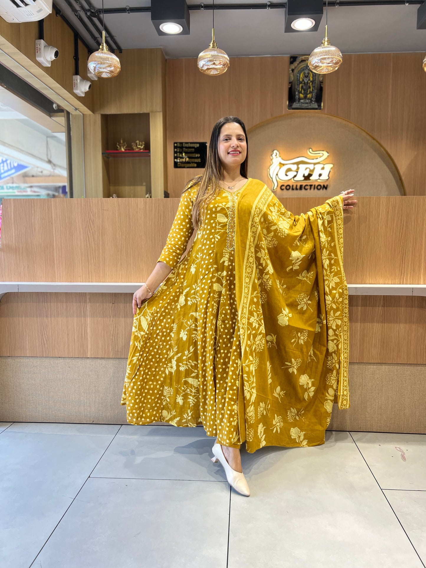 Pure Mull Cotton Yellow Shoulder Anarkali 3pc Set