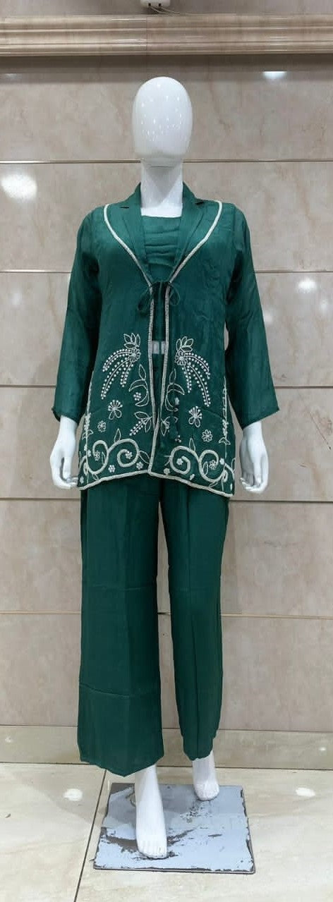 Pure Chinon Cordset With Handwork With Jacket Green Color